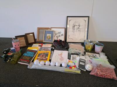 Mixed Household Lot: 5 Frames, 5 Books, Jimmy Hendrix sketch, Tumblers, Toy, duster, Buckets, Lincoln logs and more