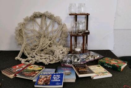 Homesteading Kitchen Items: 8 Cookbooks, Mason Jars With Lids, Wooden Shelf, Macrame Chair/Plant Holder