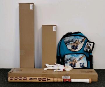 Expandable laundry hanger, X-men storm backpack, Harley Quinn baseball bat, wall mounted book/brochure display