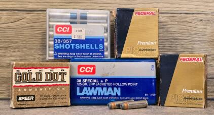 (100+) .38 Special +P Ammunition Lot: CCI Lawman 125gr JHP, Federal Hydra-Shok, Gold Dot, Shotshells