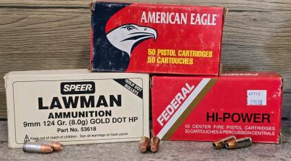 American Eagle, Speer, Federal 9mm Luger Ammo &ndash; 147gr FMJ, Hydra-Shok, 124gr Gold Dot HP, 50 Rounds/Box