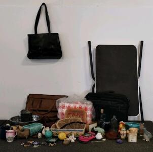 Eclectic Vintage Mixed Collectibles Lot: Folding Table, Figurines, Bags, Beadwork, Decor
