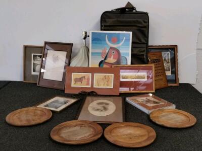 Framed Art Prints, Vintage Wooden Plates, Ceramic Lamp, Soft Suitcase & Bingo Card