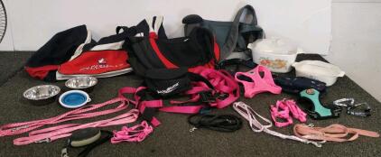 Two Glass Baking Dishes and Small Dog Travel & Walking Accessory Set with Slings, Leashes, Harnesses, Bowls, and Bags