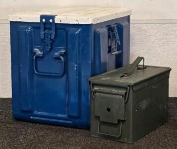 Large Blue Military Metal Transit Chest & Green US GI Ammo Can, Heavy-Duty Steel Storage
