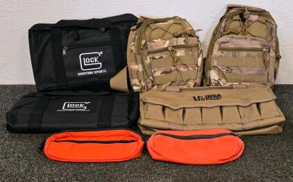 Range Bag & Tactical Gear Lot: 2 Glock Range Bags, 2 Camo Sling Backpacks, Midway Mag Bag, 2 Orange Pouches
