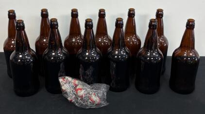 1 Liter Amber Swing Top Beer Bottles, Set of 12, Includes New Caps