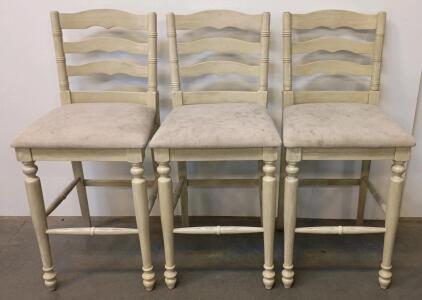 Set of 3 Ladder-Back Counter Height Bar Stools, Upholstered Seats, Distressed Ivory Finish, 24&rdquo; Seat