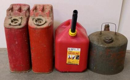(2) Vintage Metal Jerry Cans, Round Safety Gas Can, Midwest Can 5 Gallon Gasoline Container (4Total)