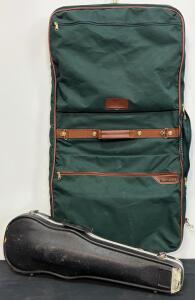 Vintage Samsonite Garment Bag, Green Canvas & Leather Trim, Hard Les Paul-Style Guitar Case Included