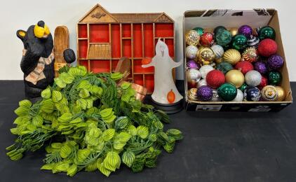 Assorted Holiday & Decorative Home Decor: Ornaments, Faux Garland, Bear Statue, Glass Ghost, Shadow Box