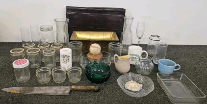 14 Mason Jars, Coffee Cups, Chefs Knife, 2 Vases, And More