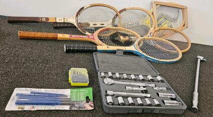 Ratchet Set, 6 Tennis Rackets (Including Spalding, Wilson), 6 Piece Pin Punch Kit, And More