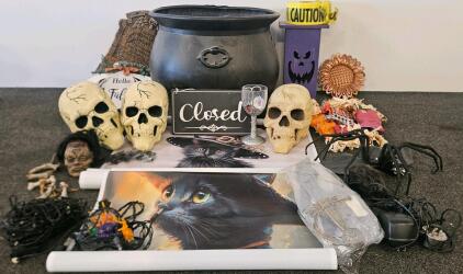 Halloween Decor, Spider Light Set (Tested, Works), Plastic Cauldron, 3 Rubber Skulls, Wooden Lantern, Caution Tape, And More