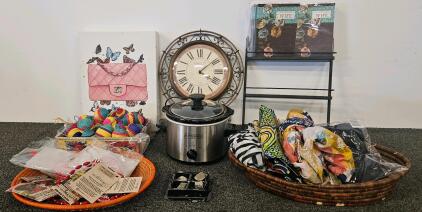 Kitchen Selectives crock pot (tested, works), Spice Rack, Handmade/Hand Painted Ornaments Full Circle Exchange, Striped Scarf, Wall Clock, And More