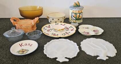 Fire King Oven Glass, 2 Milk Glass Tree Serving Plates, Corn Canister, Dip/Appetizer Tray, And More