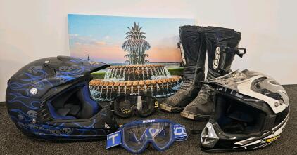 Thor Motorcycle Boots, Size S Blue Motorcycle Helmet, Size L Motorcycle Helmet, 2 Pairs Scott Goggles, Fountain Artwork