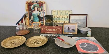 Vintage Mixed Decor: Pepsi Advertising Tray, Ever Last 1940 Aluminum, Brass Plates, Ball Jar, And More