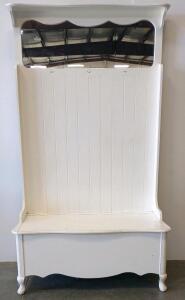 White Wooden Hall Tree Bench With Storage, Mirror, Farmhouse Style, Made In Canada