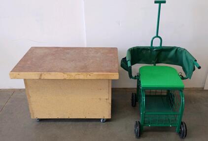 Large Wooden Storage Chest On Casters And Green Metal Rolling Garden Seat Cart With Basket