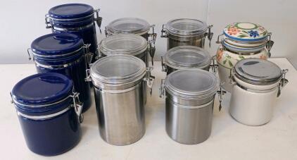 (11) Assorted Clamp Top Kitchen Canister Set &ndash; 11 Airtight Jars, Ceramic, Stainless, Blue & Floral