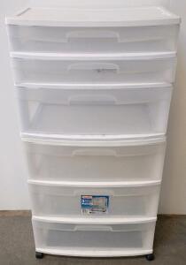 Sterilite 6-Drawer Wide Plastic Organizer On Casters, White Frame, Clear Drawers