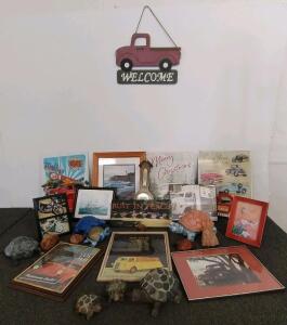 Vintage Automotive And Turtle Collectibles &ndash; 20+ Pieces, Framed Prints, Figurines, Wall Signs