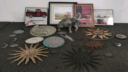 Metal Sun & Moon Wall Plaques, Garden Elephant Statue, Framed Art, And Wind Chime