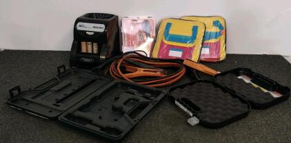 Royal Sovereign QS-1AC Coin Sorter, 156 Coins/Min, 200-Coin Hopper, watch repair kit, 2x hand gun cases, jumper cables, and more.