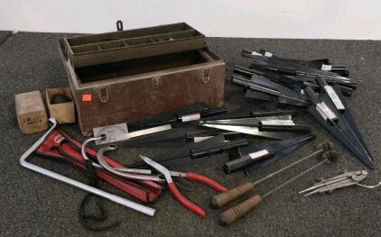 Vintage Metal Toolbox with Assorted Hand Tools and Empire Post Anchors (21 total)
