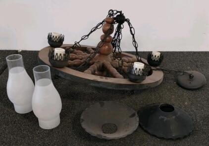 Rustic Wagon Wheel Chandelier, 5-Light, Wood/Metal Frame, Frosted Glass Shades (two only), 22" Diameter