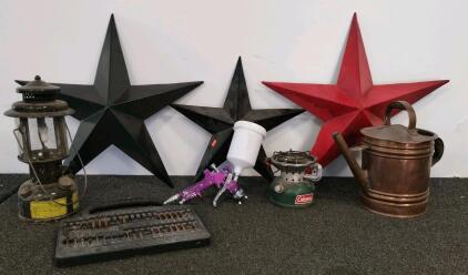 Coleman U.S. Military Lantern, Central Pneumatic 20 oz. Air Spray Gun, Colman portable stove, watering can, tin star set