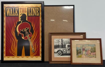 Johnny Cash "Walk The Line" Poster, Large Black Frame, Vintage Truck Photo, Lighthouse Watercolor