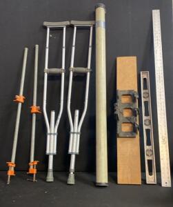 Pipe Clamps 3/4" 36in, Stanley 24" Level, Exact 48" Square, Aluminum Crutches, Hand Tool Lot