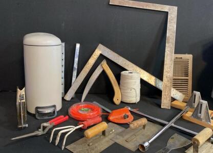Mixed Lot Hand Tools&mdash;Framing Squares, Masonry & Garden Tools, Lug Wrench, Trash Can, 16 pcs