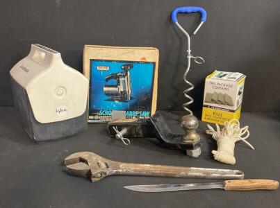 Mixed Lot: Igloo Legend Cooler, Craftsman 2675 Scroll Saw, Hitch, Wrench, Knife, Auger, Rope