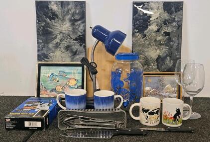 Wall Art, Coffee Cups, Wine Glasses, Blue Lamp, Mixed Silverware, Chefs Knife, And More