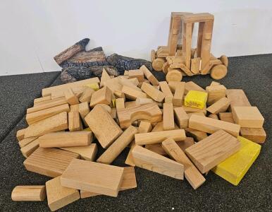 Vintage Playskool 75-Piece Wooden Blocks With 2 Toy Forklifts And Gas Fireplace Logs