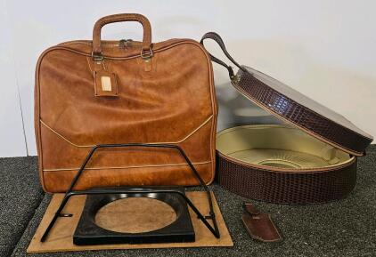 Vintage Leather Suitcase/Bowling Ball Bag & Faux Reptile Hat Box Set With Handle, Mirror & Stand, Circa 1960s, Brown