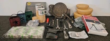 Ace Wrist Wrap, Assorted Wrenches, Multitool, New Package Of Miniature Soaps, 3 Nesting Wicker Baskets, 3 Packs Of Light Stakes, And More