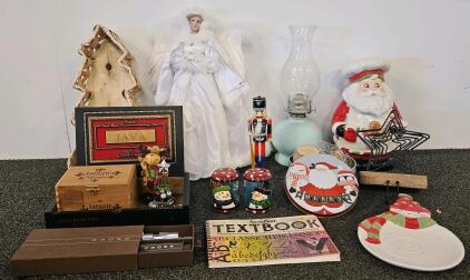 Cross Pen, Cigar Box, Assorted Christmas Decor Including Santa Cookie Jar, Christmas Tin, Salt And Pepper Shakers, And More