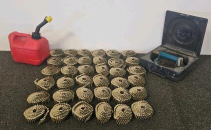36 Coils 2.5" Coil Nails, 1.1 Gallon Gas Can, Wood's Powr-Grip 8" Vacuum Suction Lifter With Case