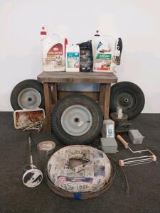 Mixed Shop & Garden Lot: Romex Wire, 3 Utility Wheels, Tools, Bench, Pest Control