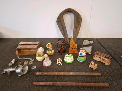 Vintage Collectibles Lot: Clark No. 2 Meat Grinder, Powell & Hyde Cable Car, Figurine muisc boxes, Carousel music box