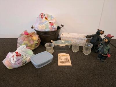 Mixed Home Decor Lot: Bear Figurines, Glass Vases, Planters, Plastic Eggs, Cookbook, Storage Box