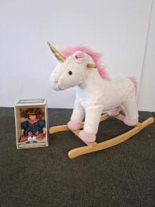 Timeless Treasures Musical Animated 14" Porcelain Doll & Plush Rocking Unicorn Toy