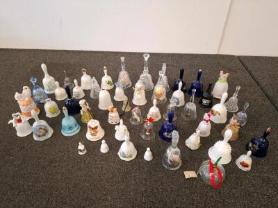 Large Collection of 44 Decorative Glass & Porcelain Bells &ndash; Figural, Souvenir, Animal, Floral Motifs