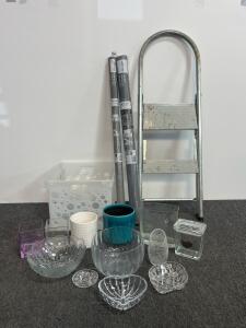 Mixed Lot: 2-Step Ladder, Adfors Fiberglass Screen, Glassware, Planters, Storage Bin