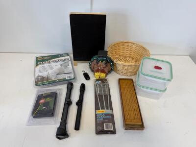 Caldwell Field Shield, Rifle Cleaning Kits, 2 Scopes, Cribbage Board, Basket & More, Lot