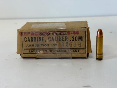 Lake City .30 Carbine M1 Ammunition, 50 Rounds, Military Repack
